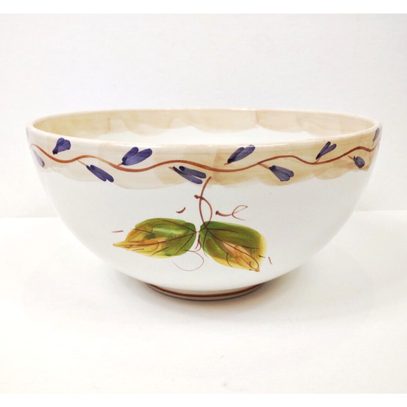 Large Hand Painted Pears Vines Tuscan 9 in Round Serving Bowl Salad Vegetable - Picture 9 of 11